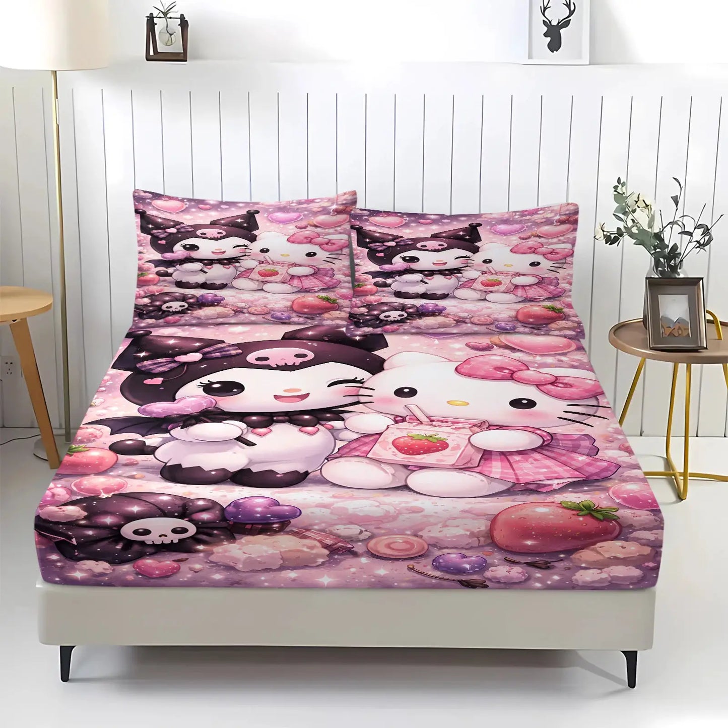Kawaii Kuromi Cool Blue Fitted Sheet Sanrio Graffiti Print Bed Sheet Set with Pillowcases Anime Edgy Bedding Mattress Cover from PriceLows™