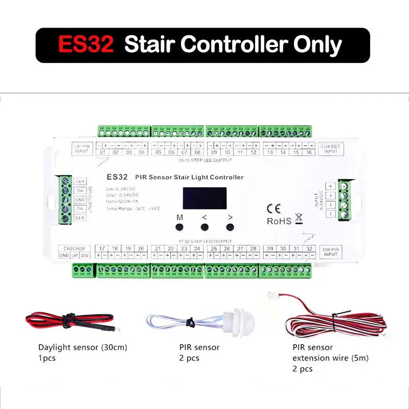 ES32 32CH Stair LED Controller PIR Motion Sensor Single Color 2CH Pixel SPI RGB LED Strip Dimmer 8-32 Steps Stairway Controller from PriceLows™