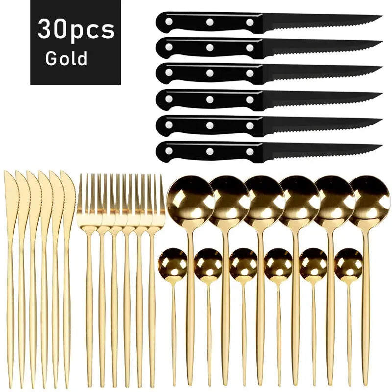 30pcs Black Dinnerware Set Stainless Steel Steak Knife Fork Coffee Spoon Teaspoon Flatware Dishwasher Safe Kitchen Tableware Set from PriceLows™