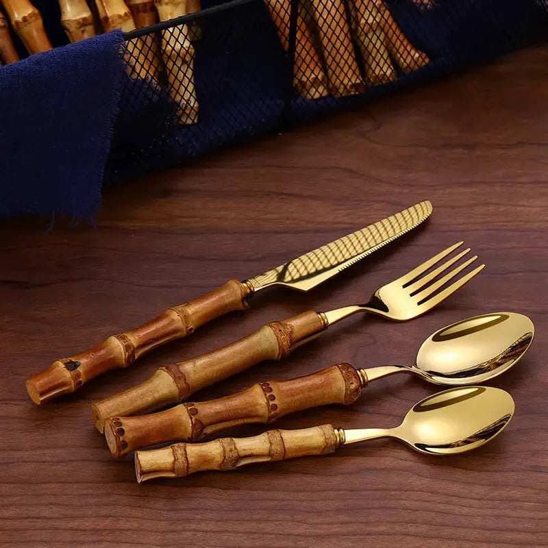 24Pcs Dinnerware Sets Original Nature Bamboo Handle Cutlery Stainless Steel Knife Fork Spoon Purely Natural Bamboo Tableware Set from PriceLows™