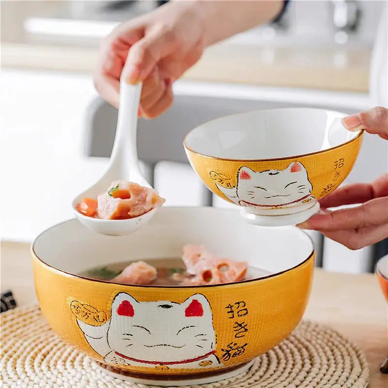 Ceramic Soup Spoon 14cm Japanese White Lucky Cat Bone China Dinnerware Restaurant Household Kitchen Supplies Tableware from PriceLows™
