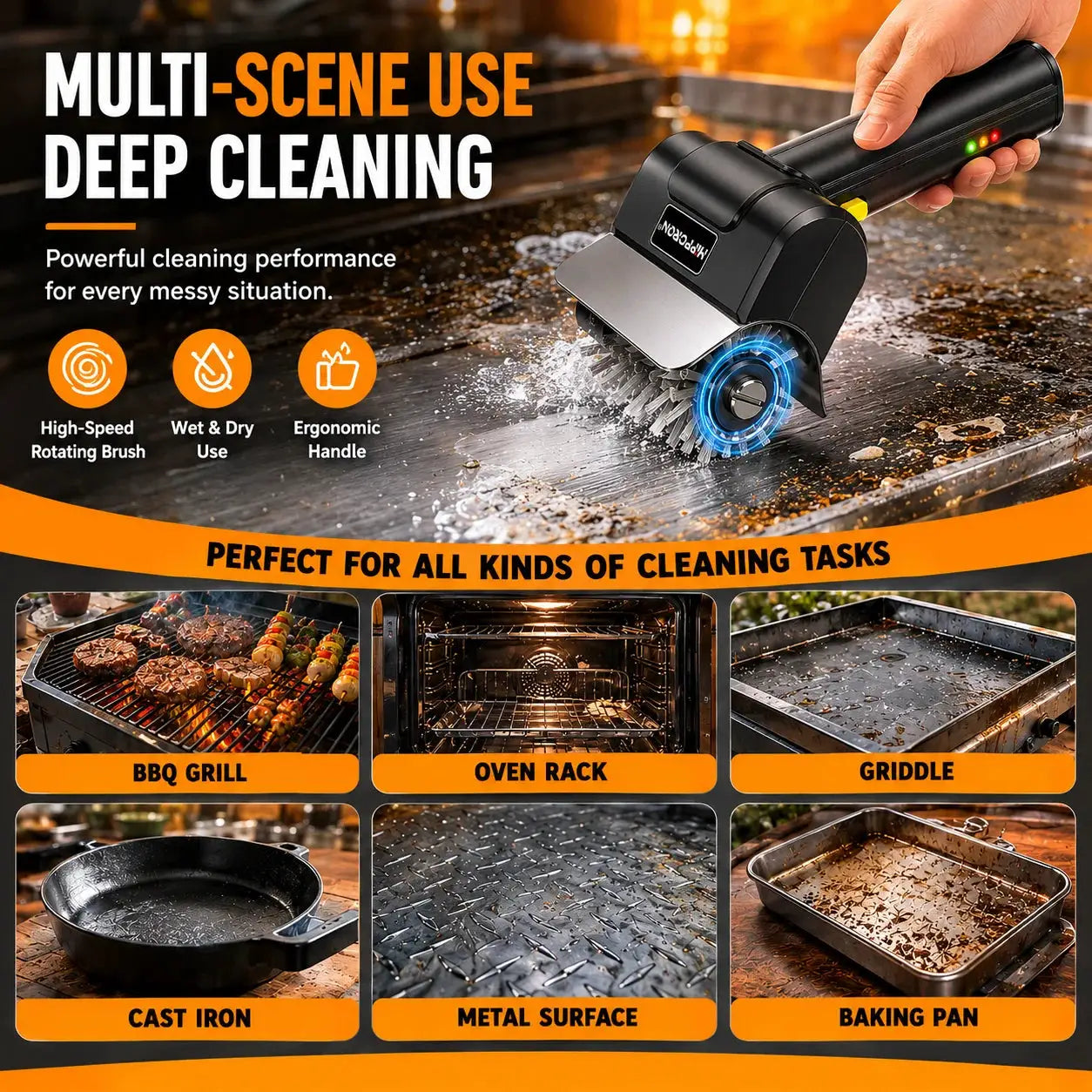 Electric Grill Brush | Rechargeable | 1100 RPM | 304 Stainless Steel