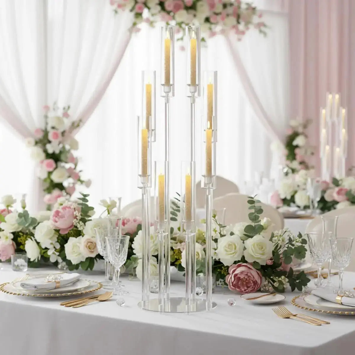 Clear Acrylic Candelabra | 8 Arms | LED Compatible | 10 Pack