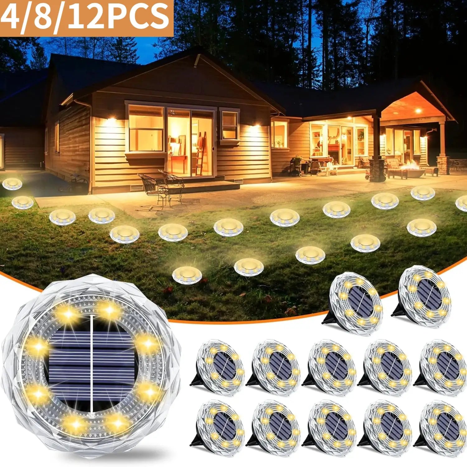 4/8/12PCS Solar Lights Outdoor Waterproof 8 LED Solar Ground Light Warm White Solar Buried Light for Patio Garden Lawn Driveway from PriceLows™