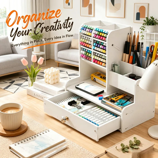 Wooden Desk Organizer | 10-Slot Pen Pencil Holder | Single Drawer | One Size