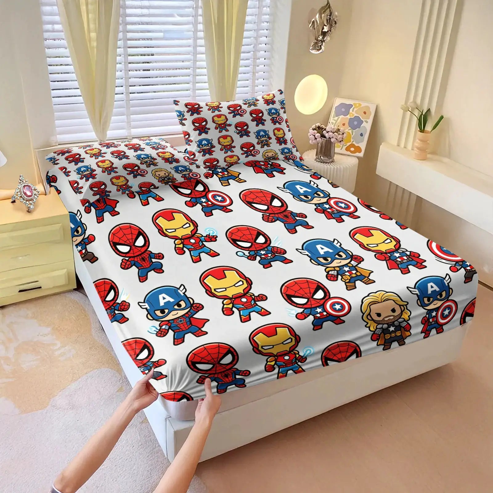 Cute Chibi Marvel Heroes Fitted Sheet Set Bed Sheet Set Bedding Set No Fillers for Teens Bedroom Living Room Decor from PriceLows™