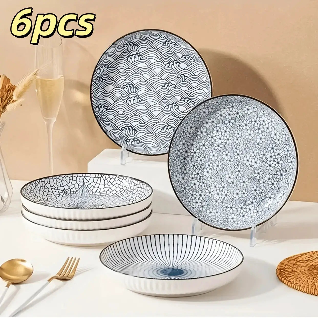 6pcs Japanese Ceramic Plates - 8-inch Round Blue & White Dinnerware, Heat-Resistant Microwave & Dishwasher Safe Suitable for Salads, Sushi, Pasta, Desserts, Elegant Suitable for Home Kitchen or Restaurant Use from PriceLows™
