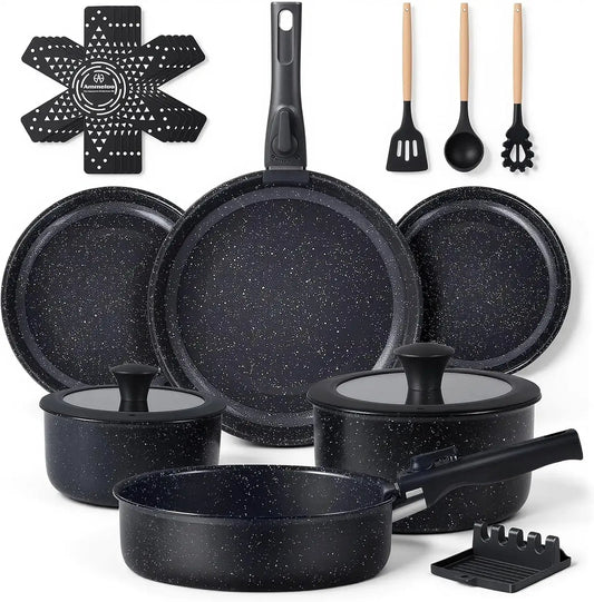 21-Piece Nonstick Pots and Pans Set, Ceramic Kitchen Cookware with Detachable Handle, Induction Ready, Dishwasher & Oven Safe, Black from PriceLows™