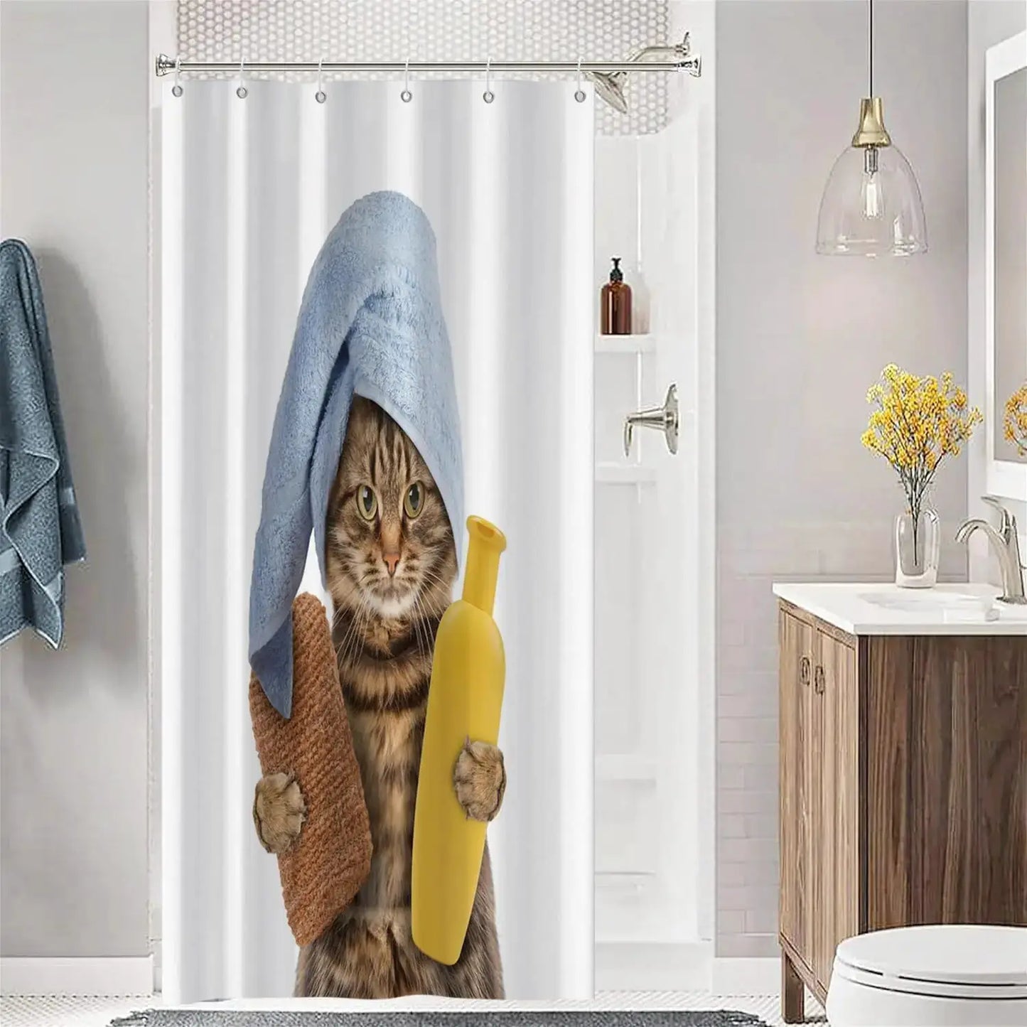Cute Cat Blue Children Shower Curtain Waterproof Washable Polyester Material Bathroom Decorative Curtain with Hook from PriceLows™