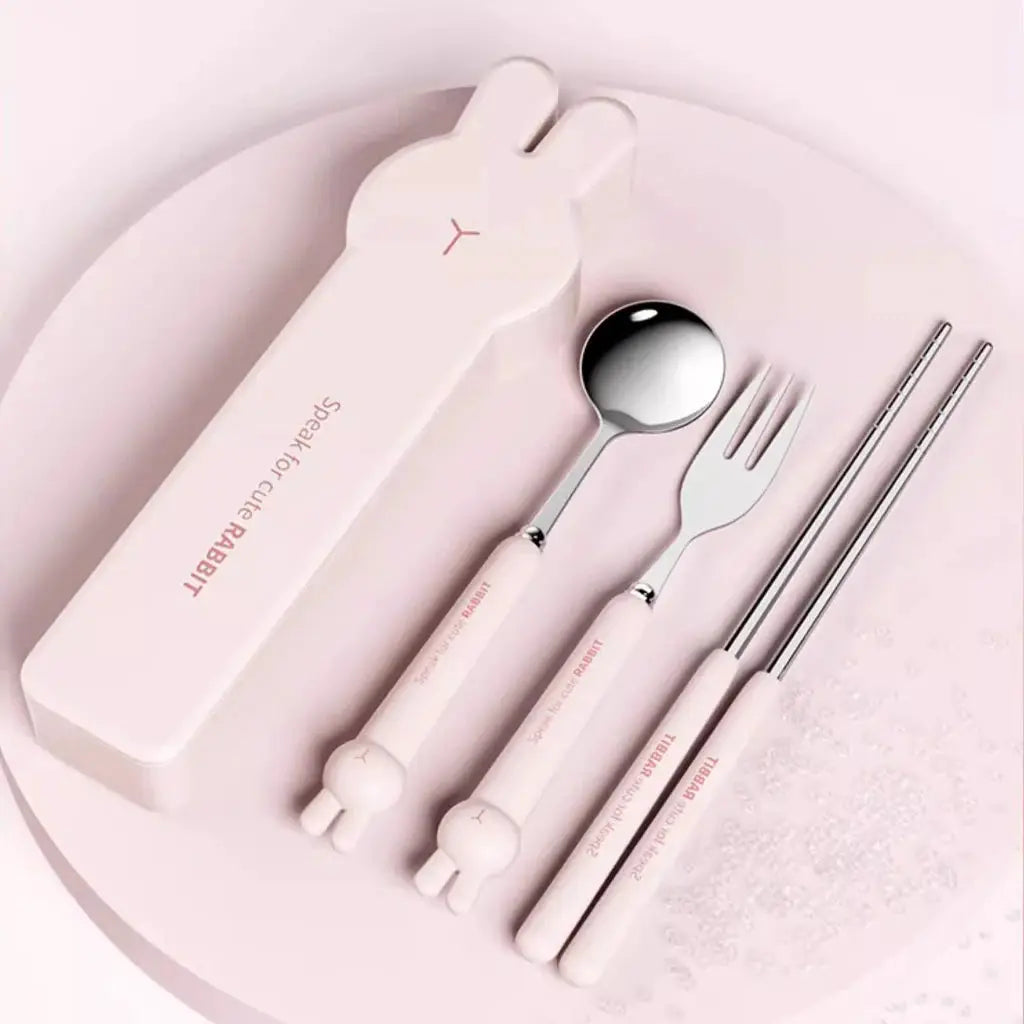 3/4PCS Cute Portable Dinnerware Set Reusable 304 Stainless Steel Fork Spoon Chopsticks With Box Cutlery For Kid Student from PriceLows™
