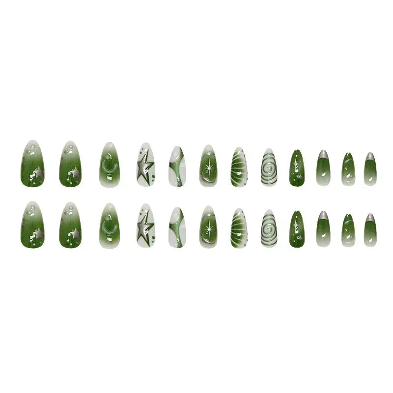 Press On Nails | 24pcs Summer Green Almond | Y2K Star Print | Reusable