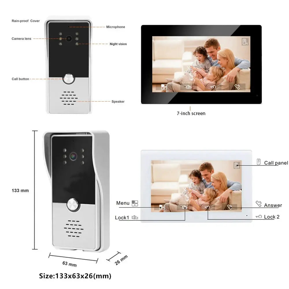 Video Intercom Monitor | 7 Inch Color Display | Wired Doorphone | Indoor Kit