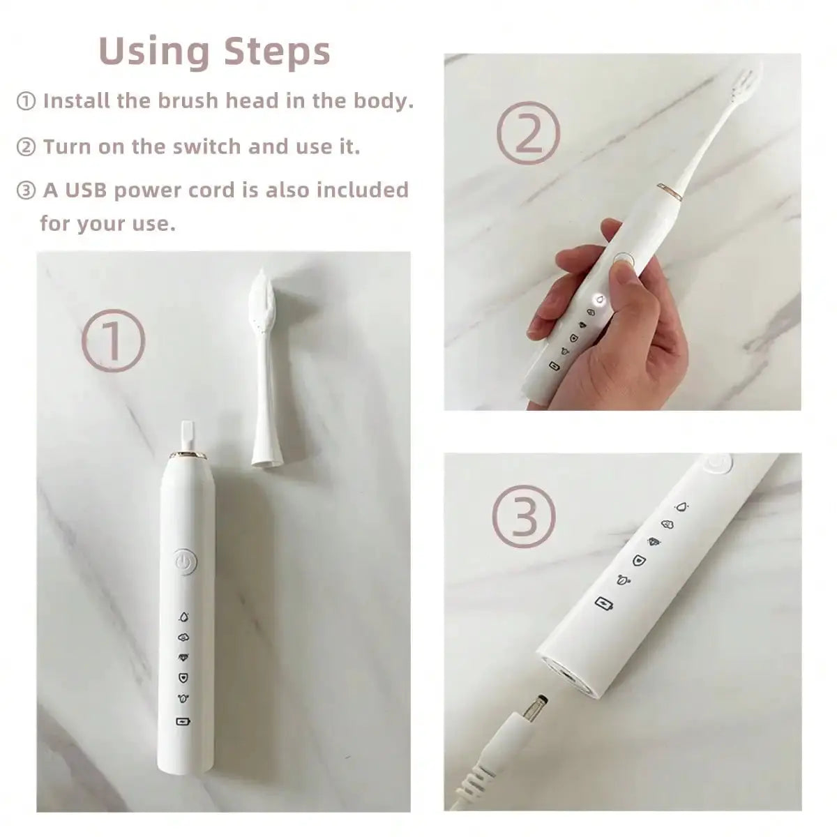 Electric Toothbrush | 8 Replaceable Heads | USB Charging | Pink