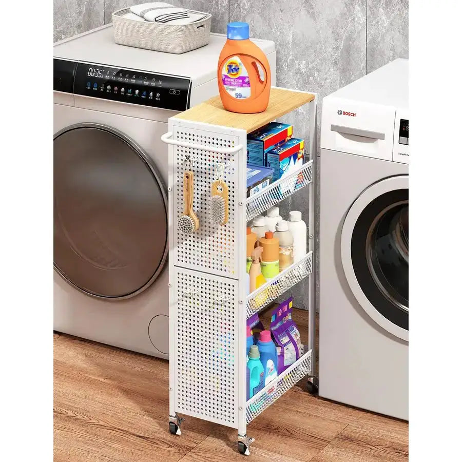 Slim Storage Cart 4 Tier Small Rolling Kitchen Laundry Room Organization Cart with Wood Top Metal Narrow Laundry Room Shelves Ca from PriceLows™