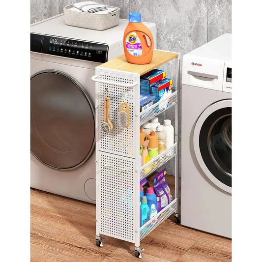 Slim Storage Cart 4 Tier Small Rolling Kitchen Laundry Room Organization Cart with Wood Top Metal Narrow Laundry Room Shelves Ca from PriceLows™