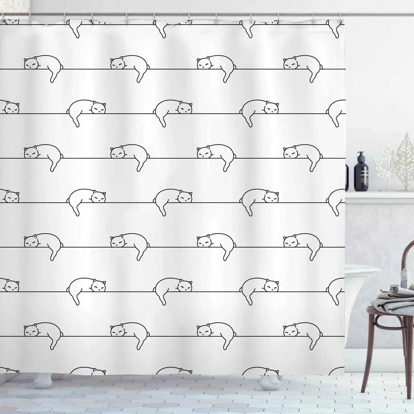 Cute Cat Pattern Shower Curtain - Fun Cartoon Design for Playful Bathroom Décor, Waterproof, Easy Care & Soft Fabric from PriceLows™