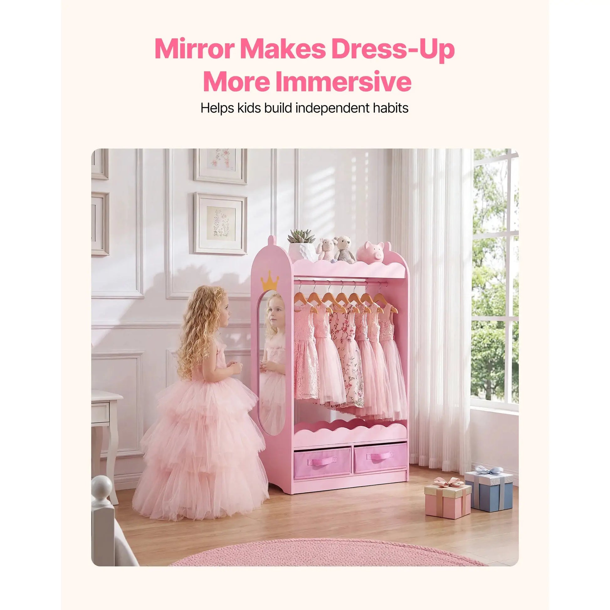 SucceBuy Kids Dress Up Storage with Mirror & Drawer Toddler Costume Wardrobe Closet Pretend Storage Dresser for Girls Room Pink from PriceLows™