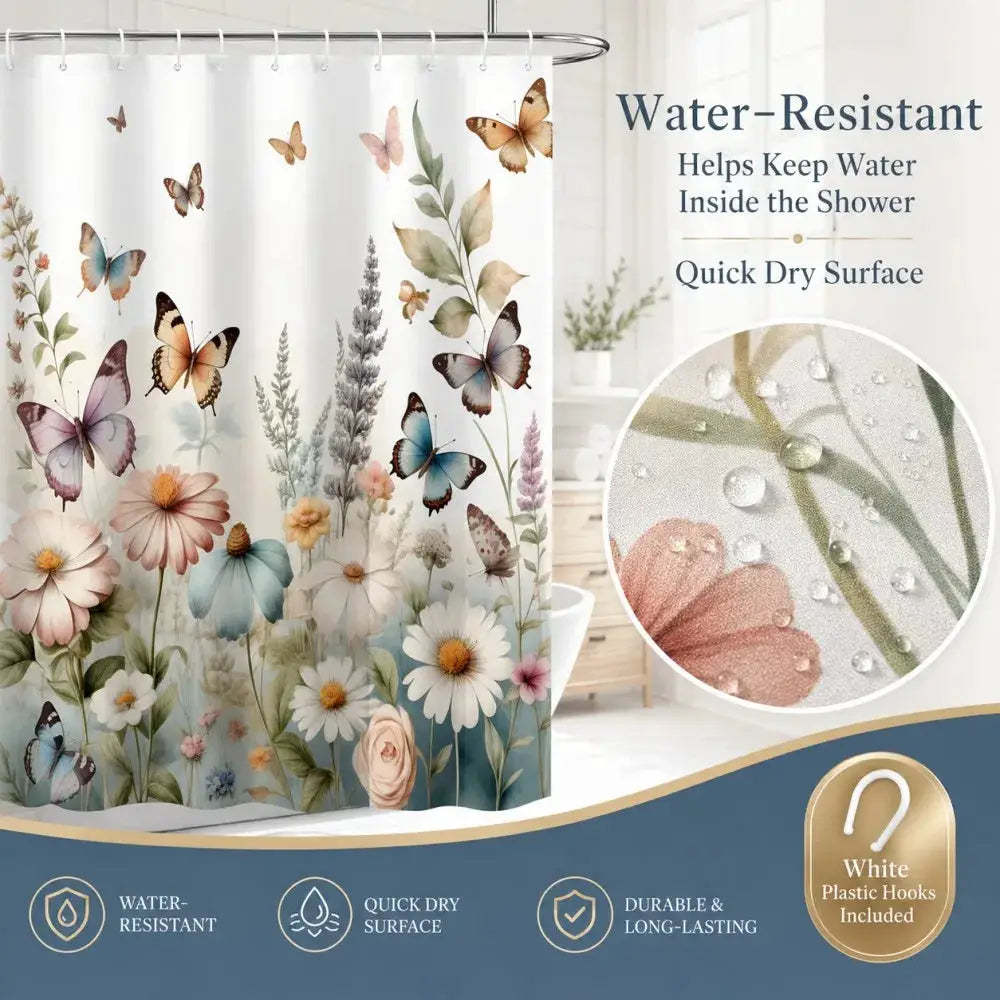 Butterfly Floral Shower Curtain Daisy Flower Print Bath Screen Waterproof Polyester Bathroom Decoration Set All Season Universal from PriceLows™