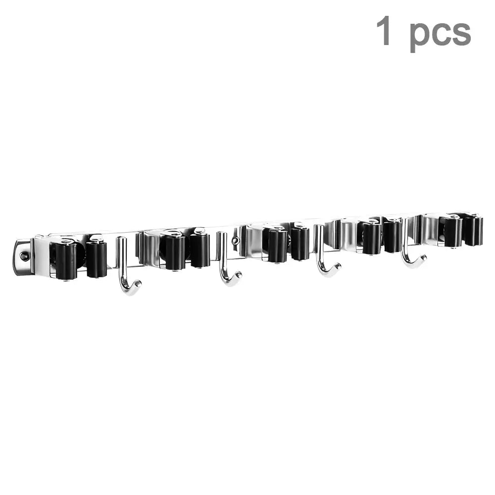 4-Hook Adhesive Broom Mop Organizer Stainless Steel Wall-Mounted Non-Slip Rack Storage Solution for Home Kitchen Garden Laundry from PriceLows™