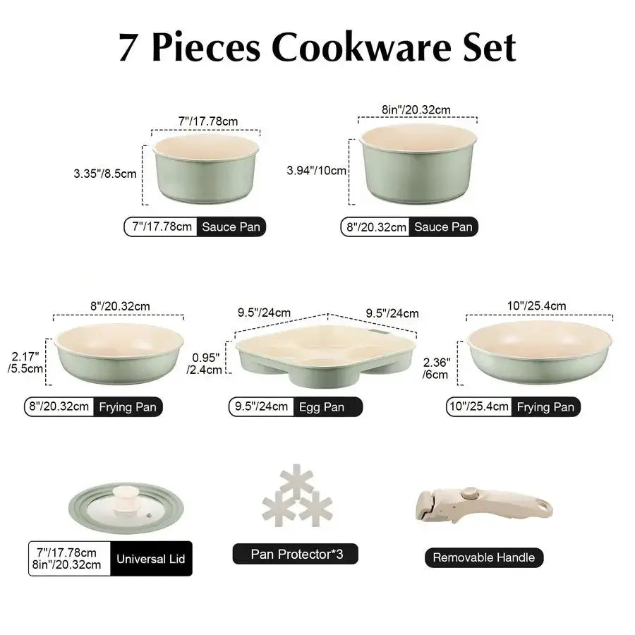 Pots and Pans Set Non Stick Green, 7 Pcs Nonstick Cookware Set with Detachable Handle RV Camping Induction Kitchen Cookware Set from PriceLows™