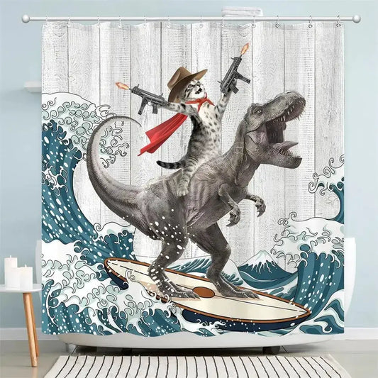 Funny Cat Riding Dinosaur Shower Curtains Cute Animal Sea Waves Surfboard Creative Kids Bath Curtain Set Fabric Bathroom Decor from PriceLows™