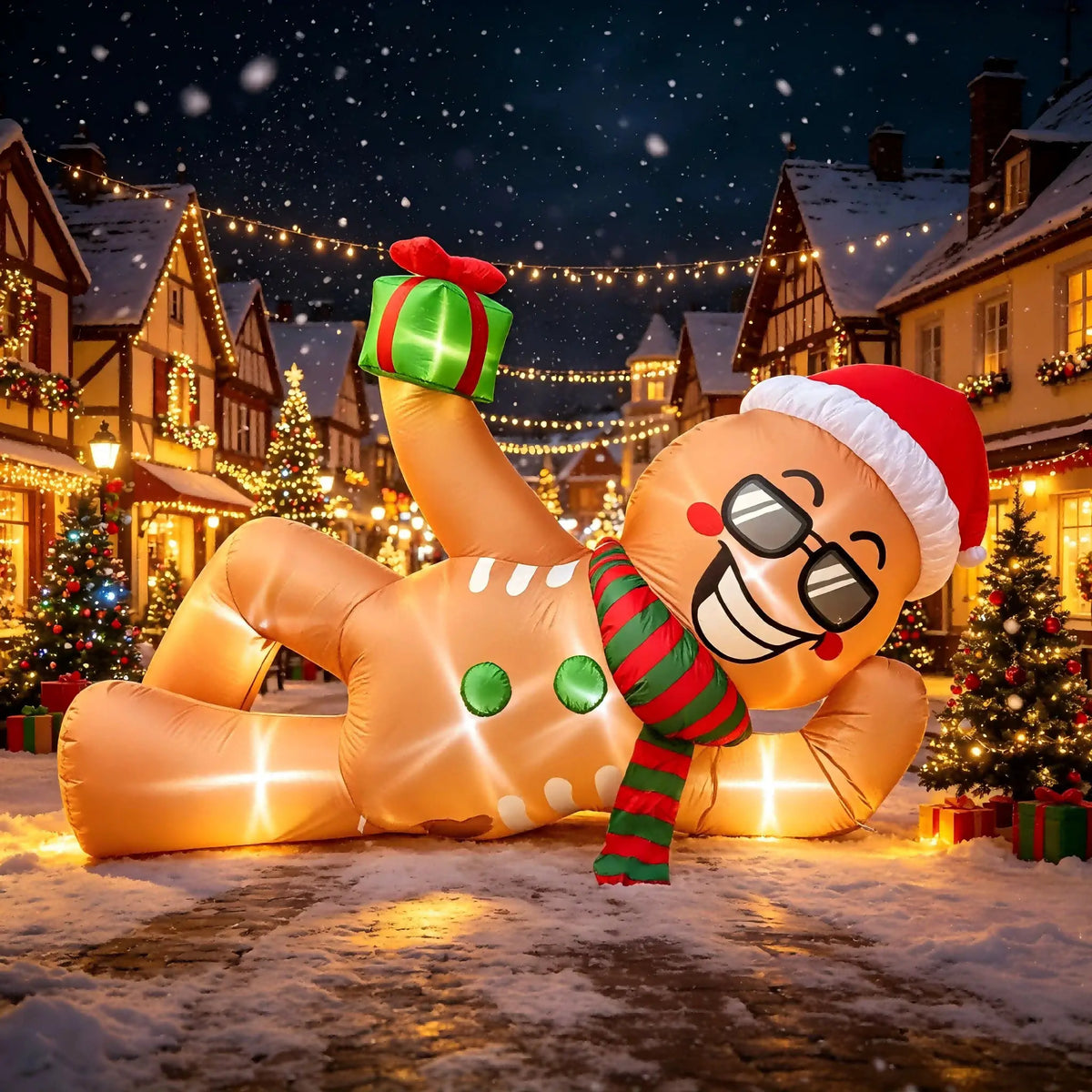 Christmas Inflatable Lying Gingerbread Man | Sunglasses | 9.5 FT LED Lights