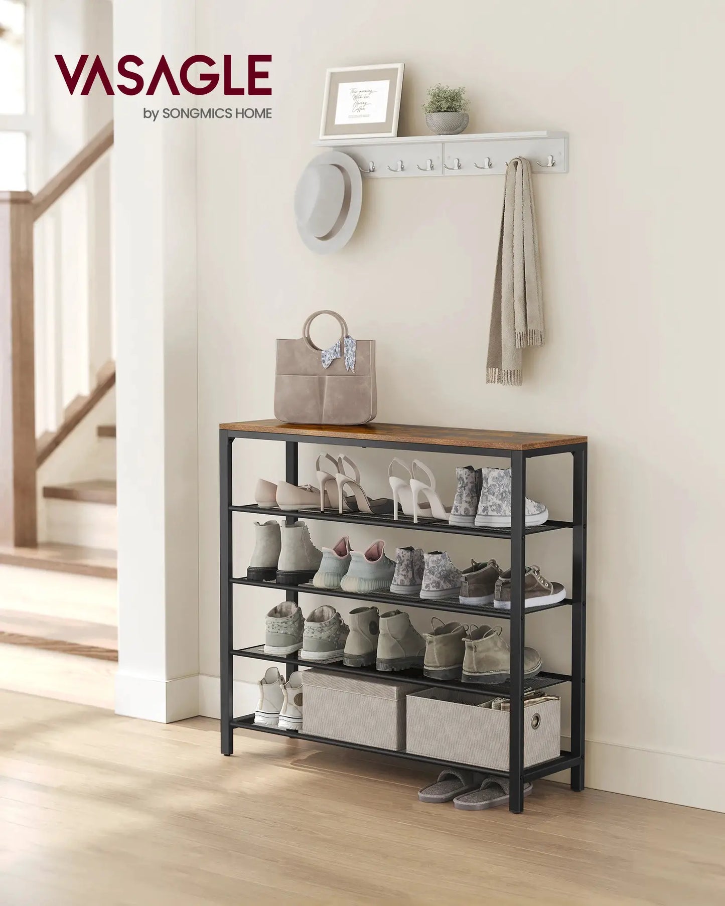 VASAGLE Shoe Rack, 5-Tier Shoe Storage Organizer with 4 Metal Mesh Shelves for 16-20 Pairs and Large Surface for Bags, for Entry from PriceLows™