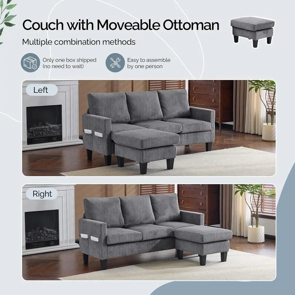 L-Shaped Sectional Sofa | Reversible Chaise | Storage Ottoman | 68.5 Inch Length