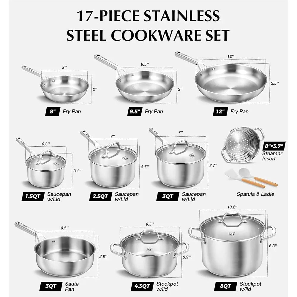 Stainless Steel Cookware Set 17 Piece, Professional 18/10 Stianless Steel Pots and Pans Set, 5-Layer Base, Oven & Induction Safe from PriceLows™
