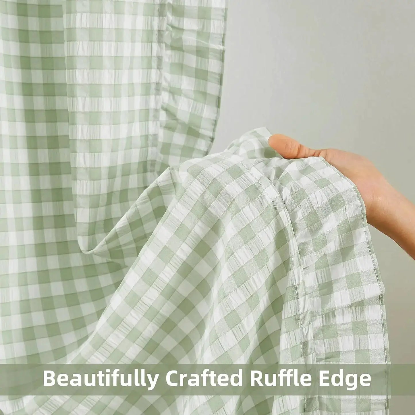 Sage Green Buffalo Plaid Curtain Panels for Kidsroom, Not-See-Through Sheer Ruffle Drapes, Shabby Chic Window Treatment for from PriceLows™