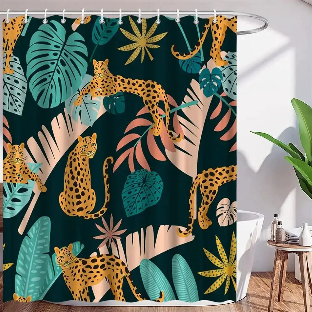 Boho Cheetah Shower Curtain,Tropical Leopard Wildlife Bath Curtain,Modern Pink Aesthetic Moon Phase Blue Floral Bathroom Curtain from PriceLows™