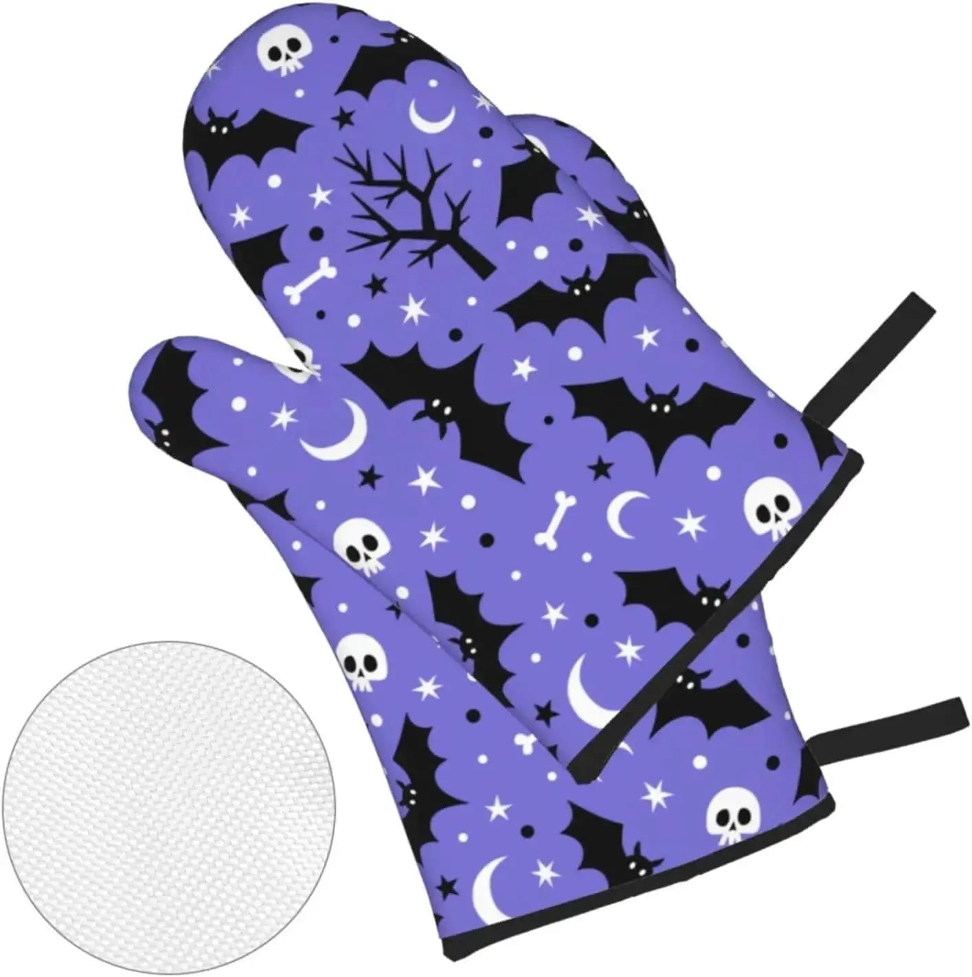 Oven Mitts And Pot Holders | 4 Piece | Halloween Bat Skull Moon Star | Non Slip
