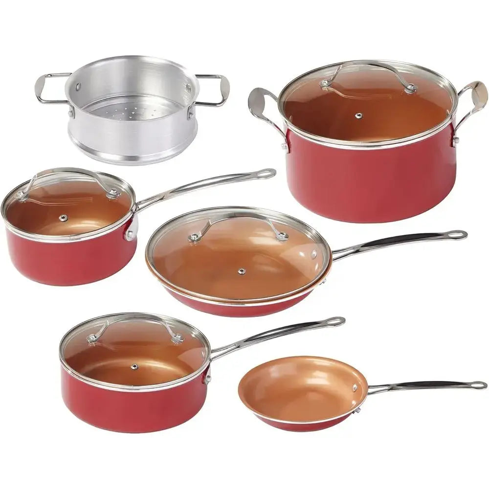 10 Pcs Red Copper Cookware Set Copper-Infused Ceramic Non-Stick Pots Pans Kitchen Cooking Tools from PriceLows™