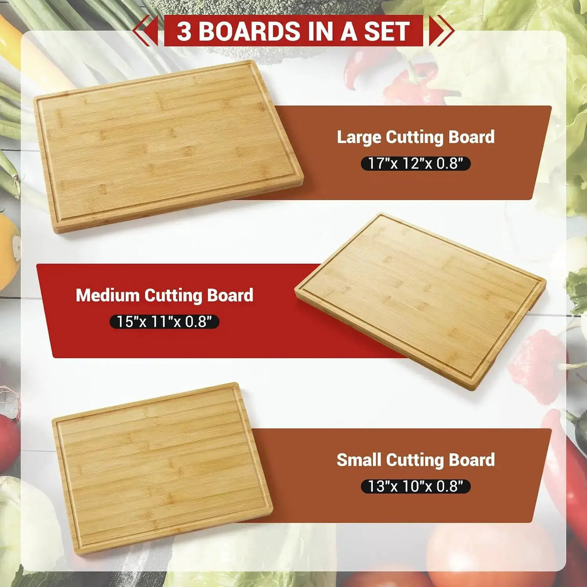 3 Piece Natural Bamboo Cutting Boards Set with Stand | Kitchen Chopping Boards | 3-Piece | Bamboo | Home
