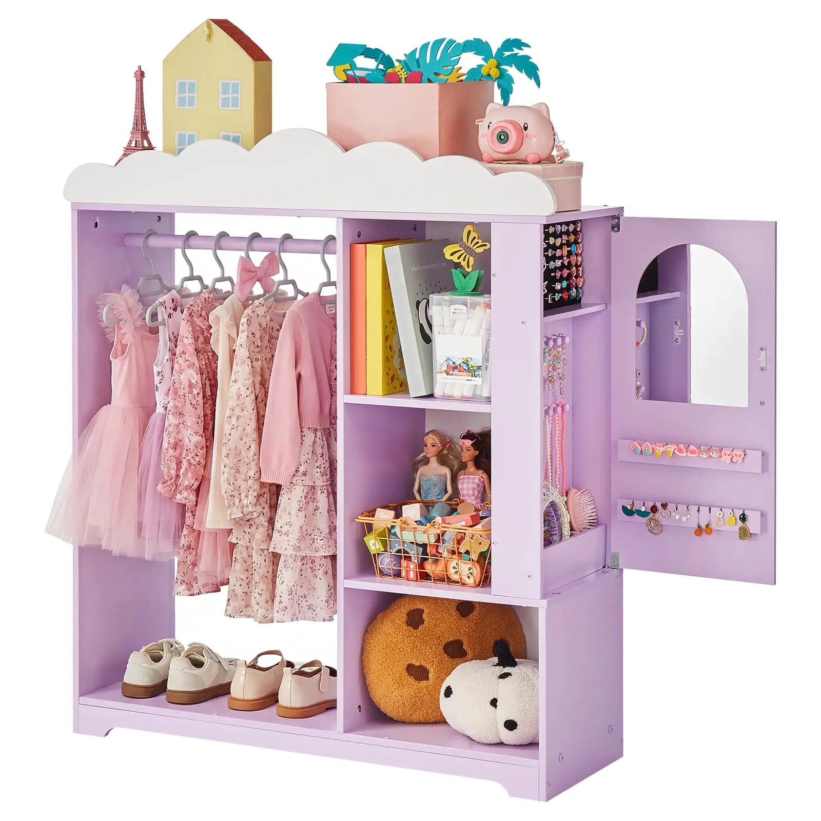 SucceBuy Kids Dress Up Storage Jewelry Dress Up Closet with Mirror & Shelves Princess Costumes Wardrobe Closet for Girls Bedroom from PriceLows™