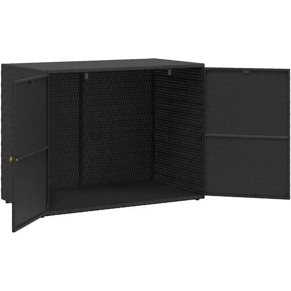 Garden Storage Cabinet, Outdoor Tool Chest, Black Poly Rattan with Solid Acacia Wood Door Knobs, Powder-Coated Steel e, Weather- from PriceLows™