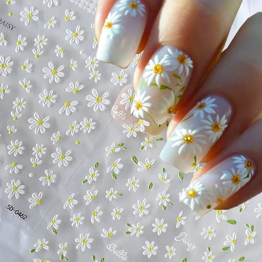 2pcs 5D White Daisy Design Nail Art Stickers Embossed Daisy Floret Green Leaf Nail Art Decals DIY Spring Summer Decor Stickers from PriceLows™