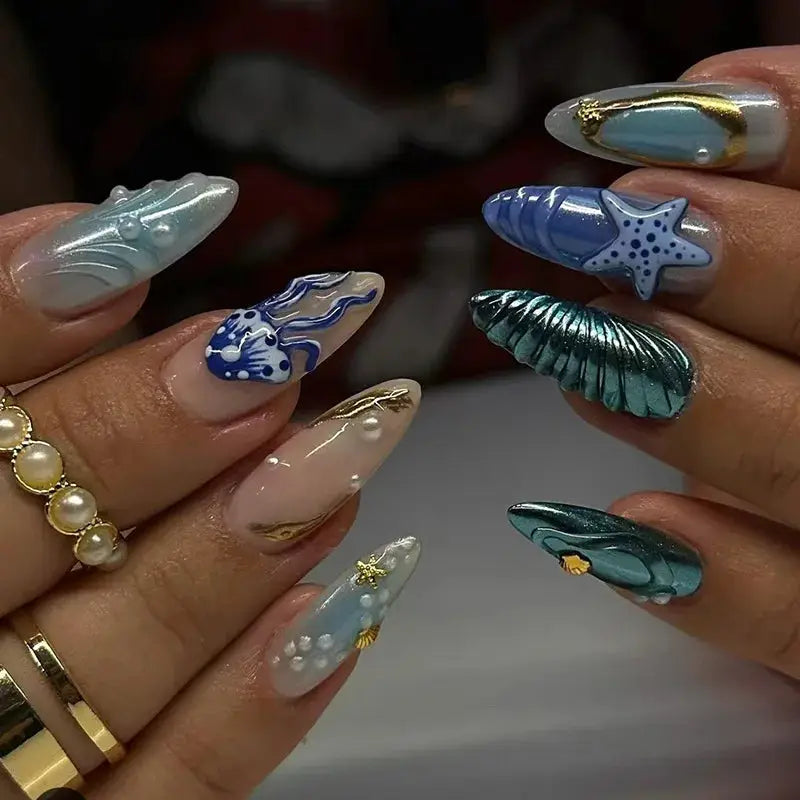 Almond Press On Nails | Acrylic Finish | Pearl Flower Design | 24 Piece Set