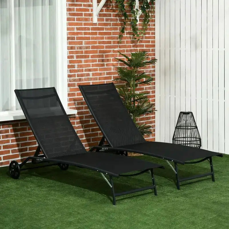 Chaise Lounge Outdoor, 2 Piece Lounge Chair with Wheels, Tanning Chair with 5 Adjustable Positions for Patio, Beach, Yard, Pool, Black from PriceLows™
