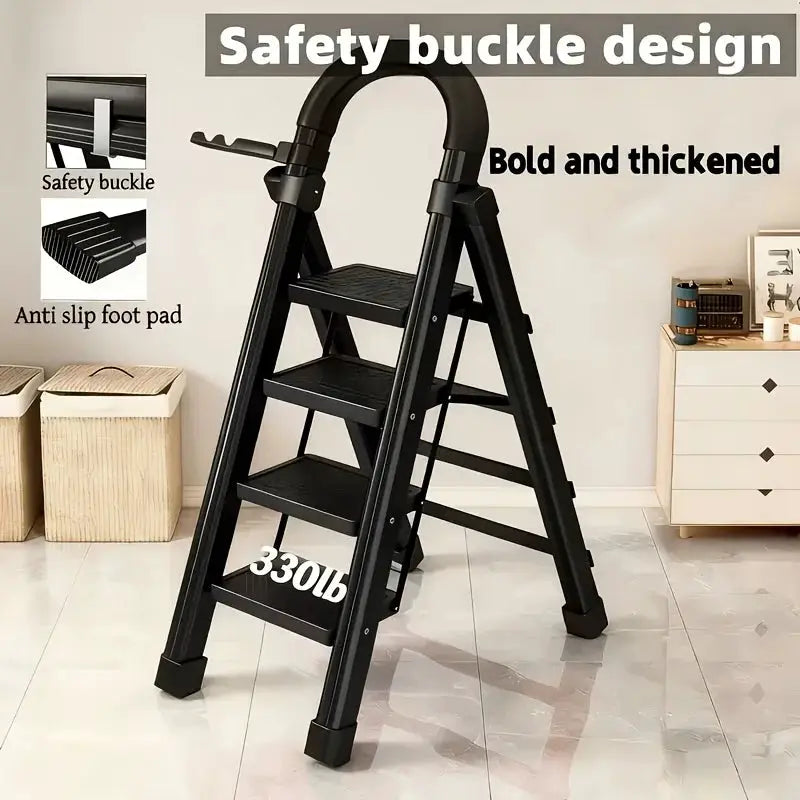 330lbs Load-bearing Folding Ladder | Heavy-duty Steel Step Stool with Anti-slip Wide Treads, Handrails, Safety Lock Design, Black And Red Color Scheme, Portable Multi-functional Ladder for Home And Kitchen Use-CVNU from PriceLows™