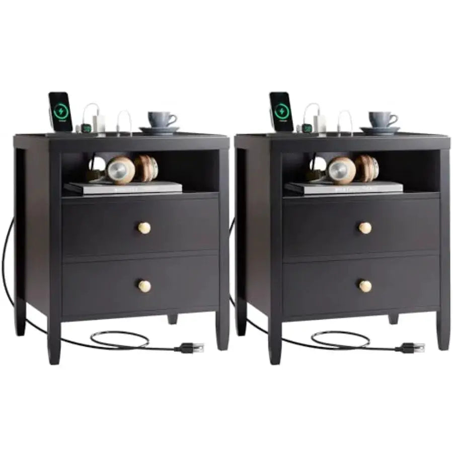 Nightstand Set of 2, Night Stand with Charger Station, Bedside Table with 2 Drawers, Bed Side Tables for Bedroom, Modern Nights from PriceLows™