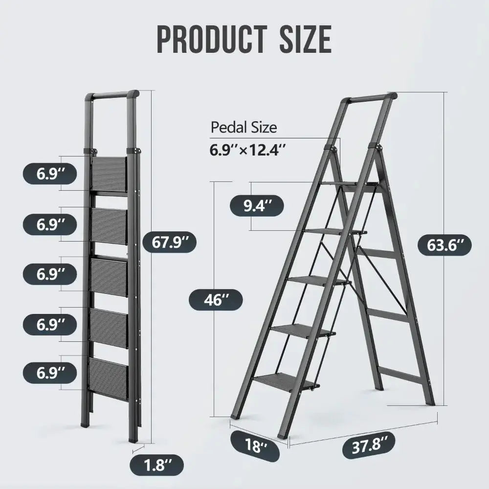 5 Step Ladder, Anti-Slip Pedals, Foldable Step Stool, Lightweight, Hold 300lbs, Reach 10ft for Home from PriceLows™