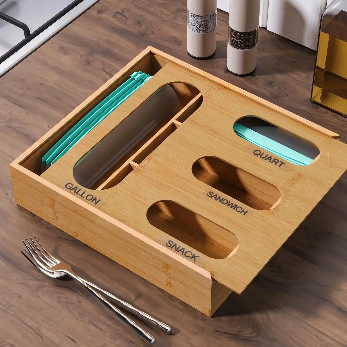 Baggie Organizer | 4 In 1 Design | Bamboo Construction | Kitchen Drawer