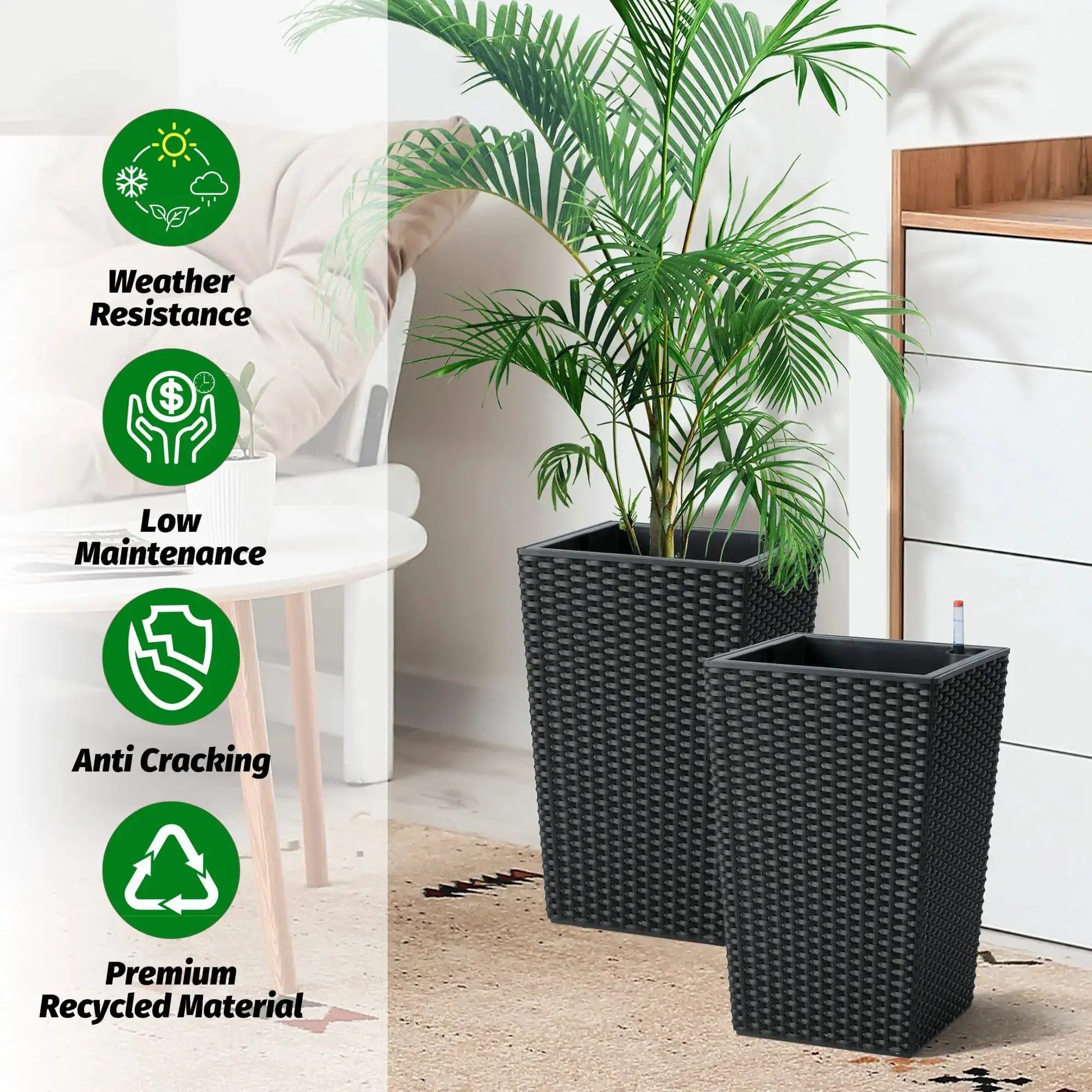 Set of 2 Black Tall Planters Self Watering Planter with Water Level Monitor, Trays 360° Wheels Standing Planter Pots from PriceLows™