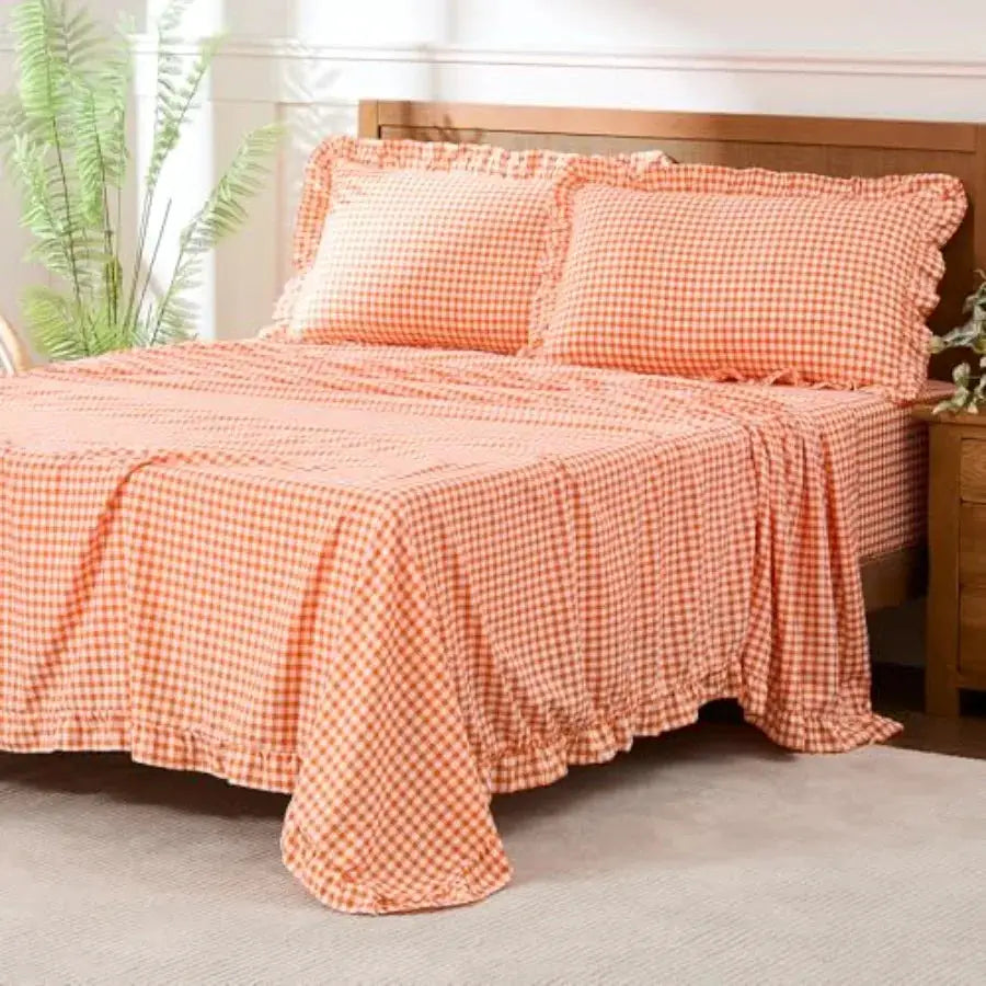 Gingham Sheet Set Lightweight Super Soft Brushed Microfiber Plaid Fall Bed Sheets with 16" Deep Pocket 4 Pcs Ruffle Farmhouse B from PriceLows™