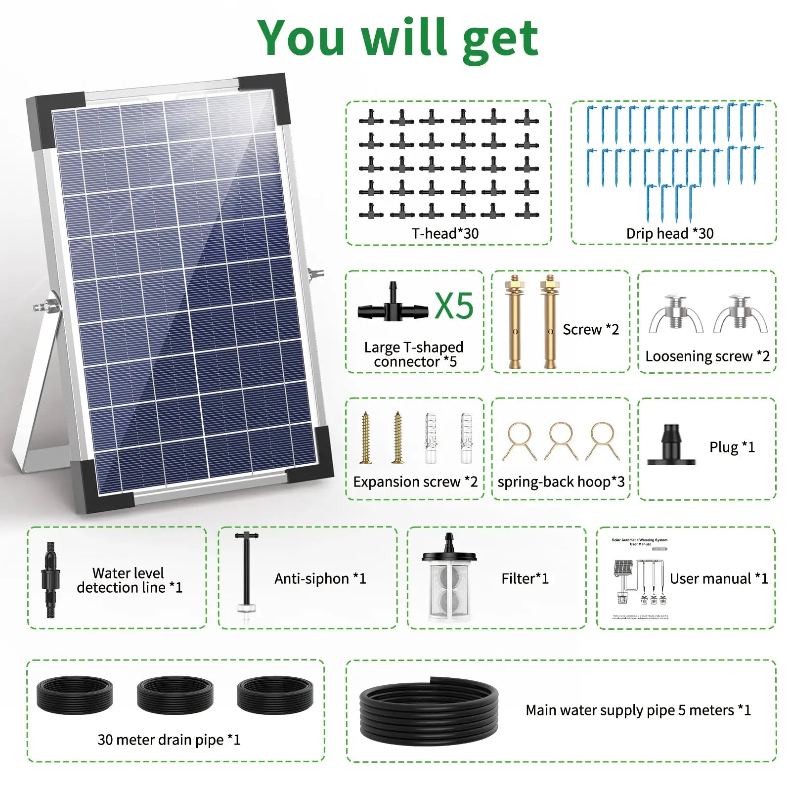 Solar Potted Plants Deep Drip Irrigation Watering System 9V 5W, Watering Regularly Easy DIY, with 30*Drip Tip 15m Water Pipe Etc from PriceLows™