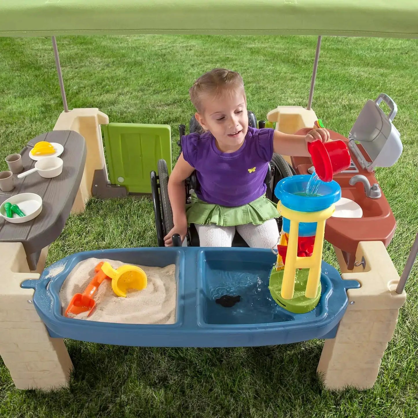 All Around Playtime Patio with Canopy, Kids Indoor/Outdoor Kitchen Playset & Sensory Playhouse, Made of Durable Plastic, Include from PriceLows™