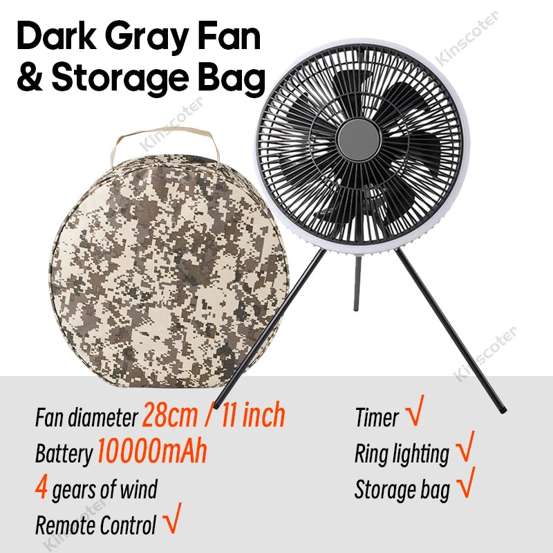 Outdoor Camping Fan | 10000mAh Battery | LED Lighting | 11 Inch