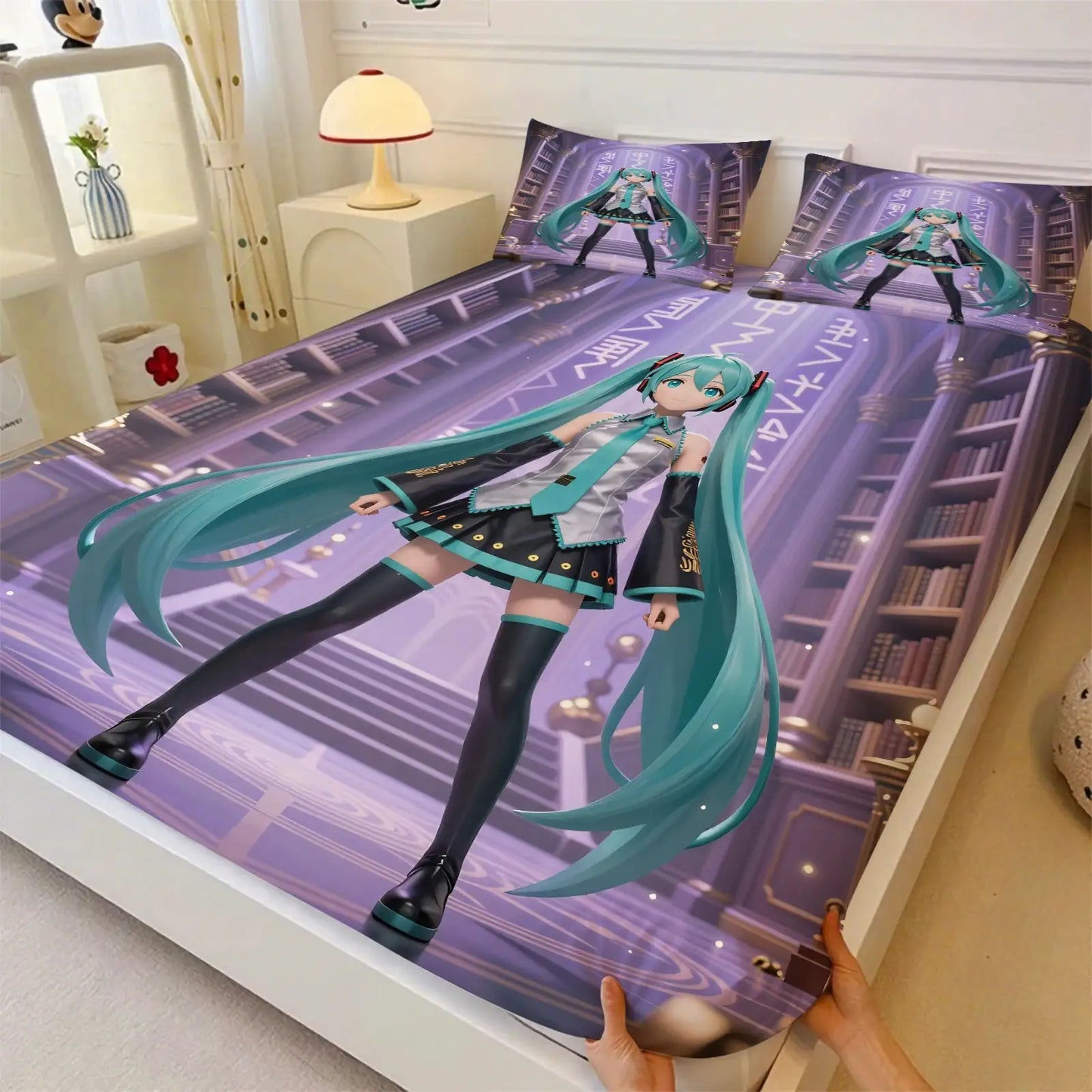 3Pcs Hatsune Miku Fitted Sheet Set with 2 Pillowcases Ink Wash Temple Anime Bedding Set Soft Deep Pocket for Fan Bedroom Decor from PriceLows™
