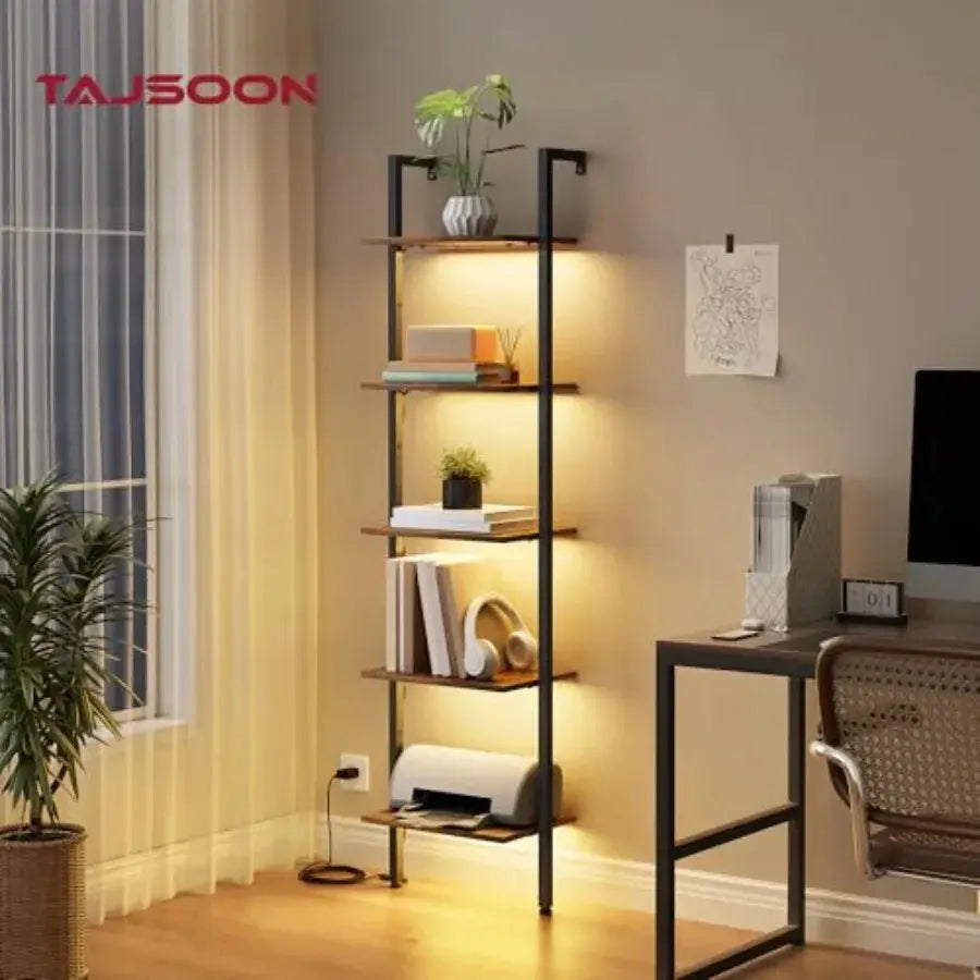 5-Tier Ladder Shelf with LED Light, Wall Mounted Ladder Bookshelf with Metal Frame, Wall Ladder Bookshelf for Living Room, Bedr from PriceLows™